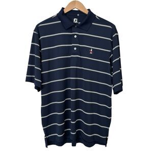FootJoy Mens XL Navy Blue Striped Performance Polo Shirt Embroidered Lighthouse